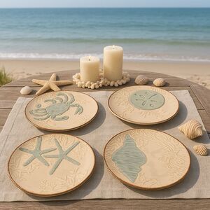 Cracker Barrel White Sands Coastal Salad Plates Set of 4  🦀 🌟 🐚 🪸